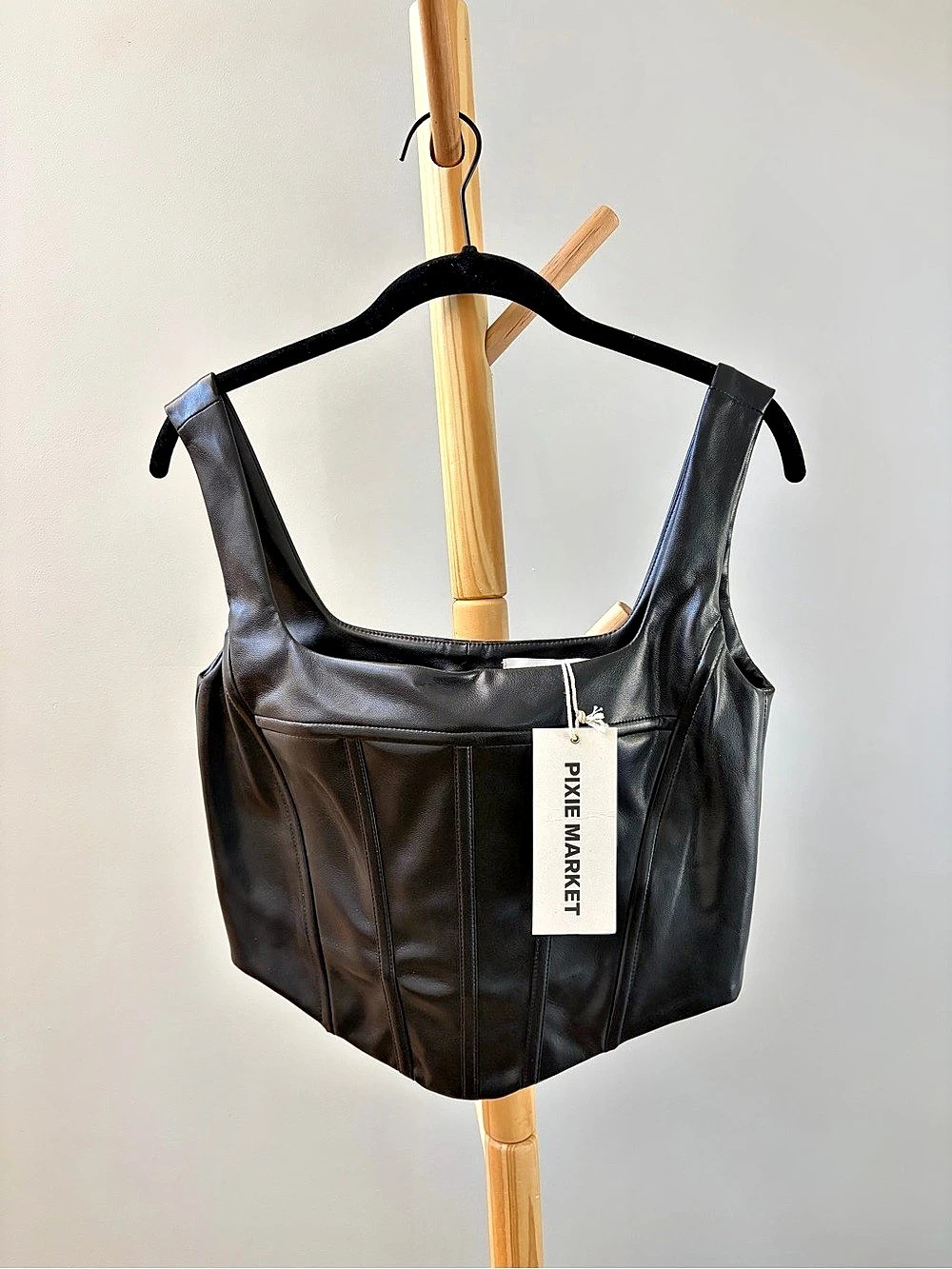 Pixie Market Square-Neck Boned Faux-Leather Top Black Small